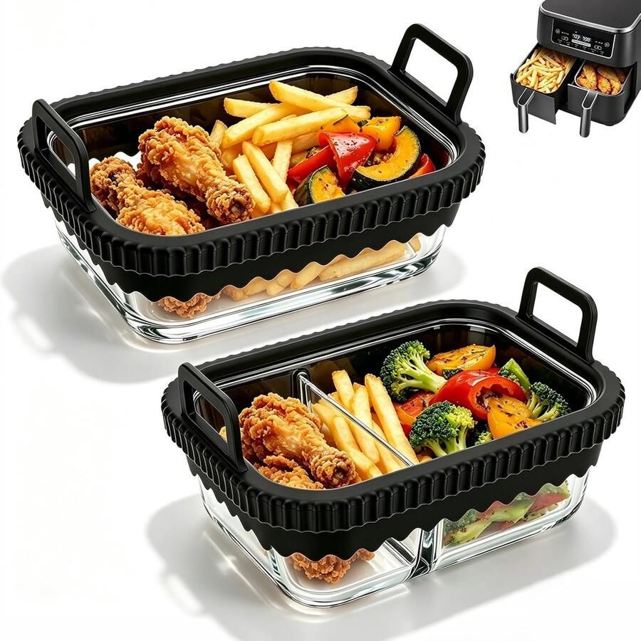 SnelShoppen 2 Glazen Ovenvormen voor Heteluchtfriteuse Vaatwasmachinebestendig Borosilicaatglas met Afneembare Siliconen Rand Perfect voor Airfr