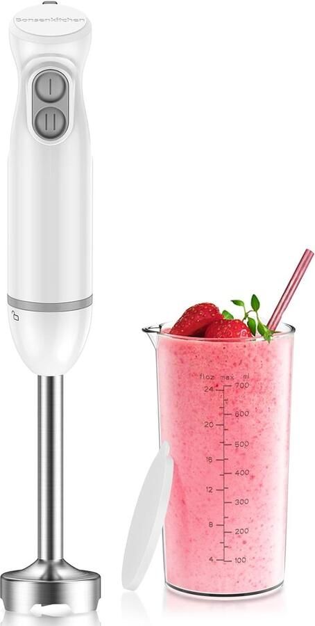 SnelShoppen 2-in-1 Pureerstaaf 1000W Roestvrijstalen Staafmixer met 700ml Maatbeker en Deksel Ideaal voor Babyvoeding Soepen Smoothies en Puree