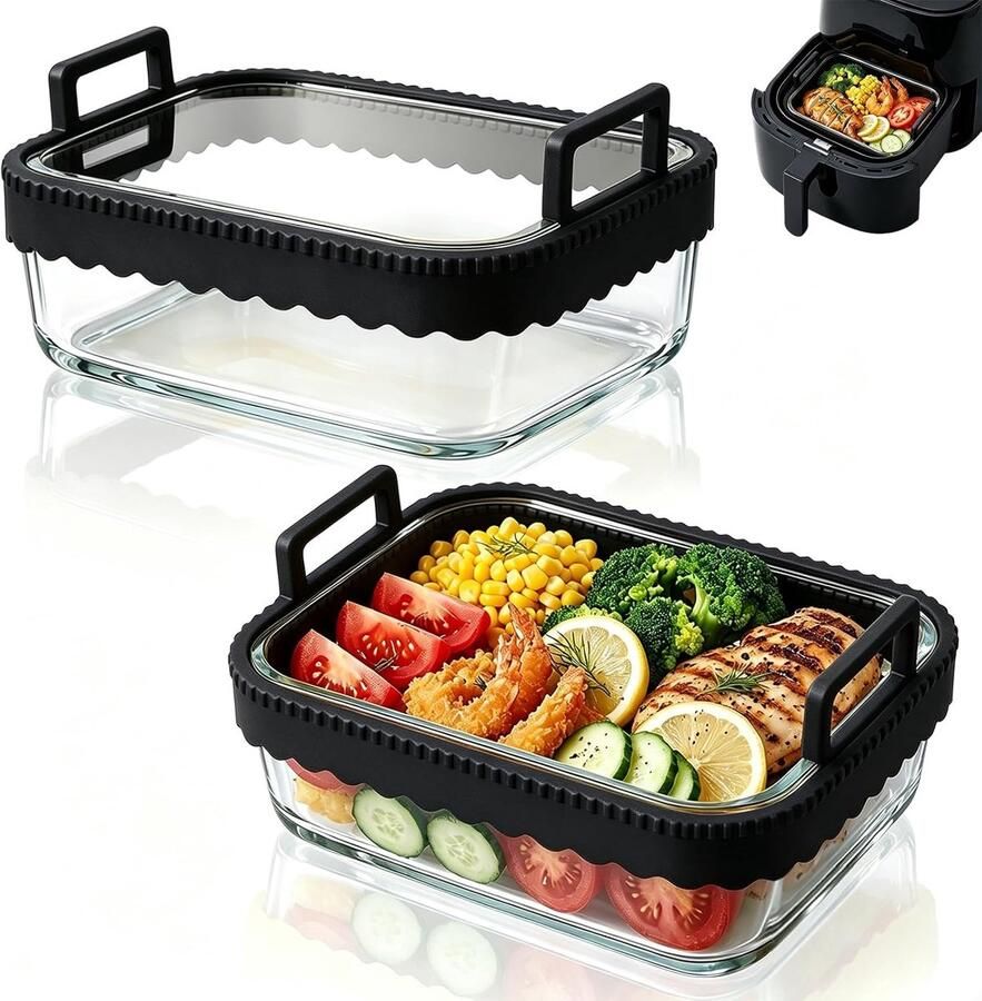 SnelShoppen 2 Ovenvormen Airfryer voor Ninja & COSORI Hittebestendig Borosilicaatglas met Siliconen Handgrepen BPA-vrij Ideaal voor Keuken Fe