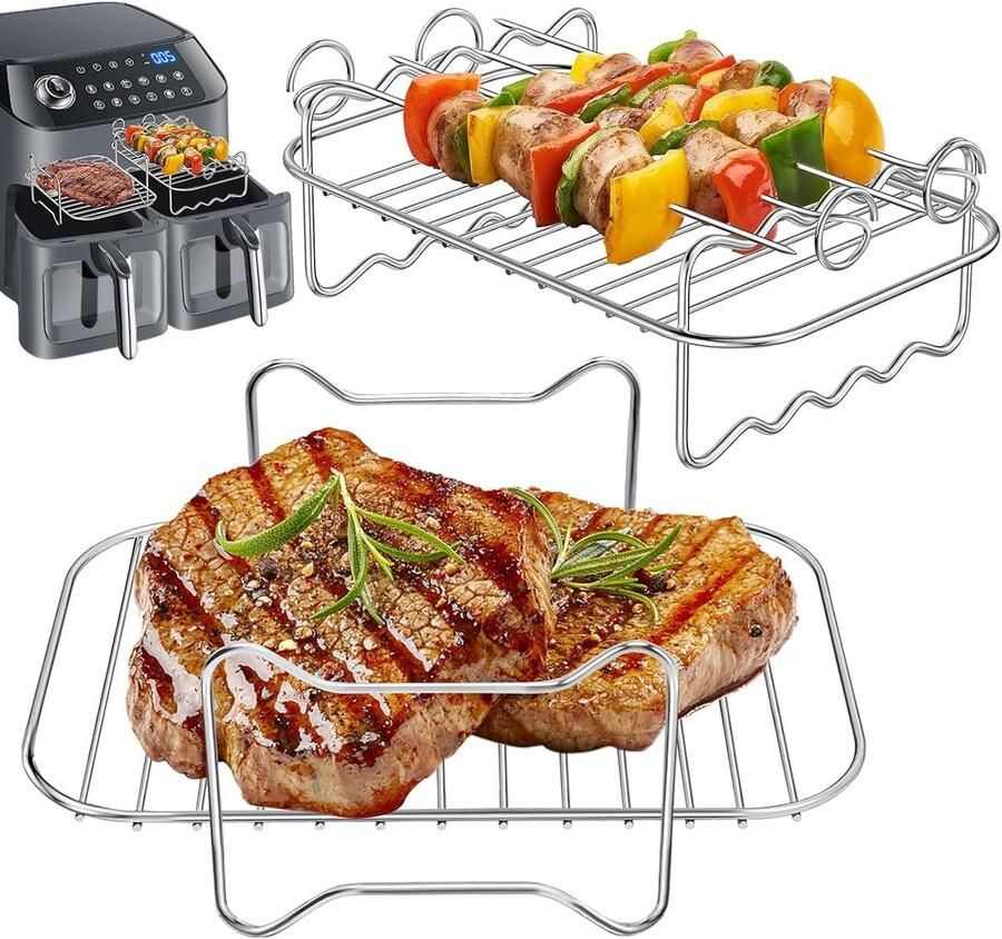 SnelShoppen 2 Pcs Air Fryer Accessoires voor Dual Zone Air Fryers Multifunctionele Grill Grate en Stoomrack van 304 RVS met 4 Spiesen Geschikt voo