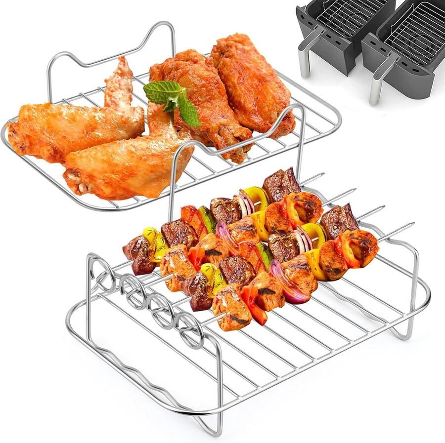 SnelShoppen 2 Pcs Dual Zone Air Fryer Accessoires Frame met Spiesen voor 7.6L-9.5L Airfryer 304 RVS Geschikt voor Dubbele Airfryer Keukenaccessoi