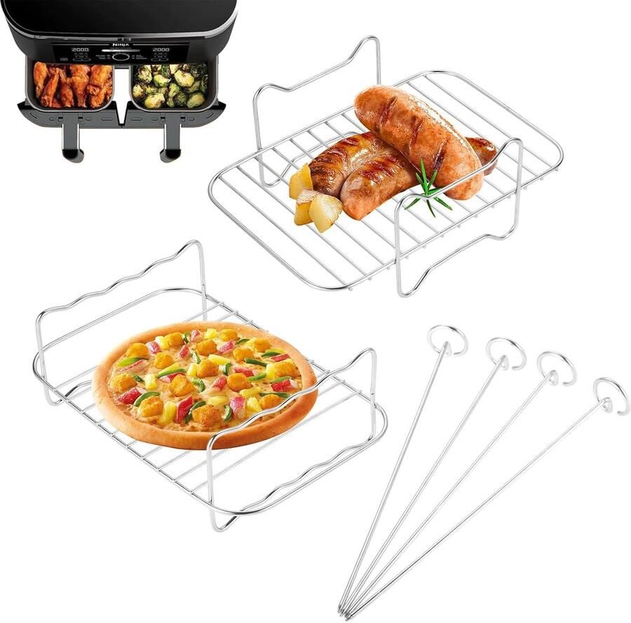 SnelShoppen 2 Stuks Heteluchtfriteuse Accessoires Airfryer Grillrooster met 4 Spiesen 304 Gecoat Roestvrij Staal Perfect voor Keuken en BBQ