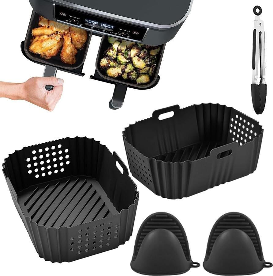 SnelShoppen 2 stuks luchtfriteuse-accessoires set houder voor airfryer vaatwasmachinebestendige bakmat voedselveilige siliconen voor dubbele zon