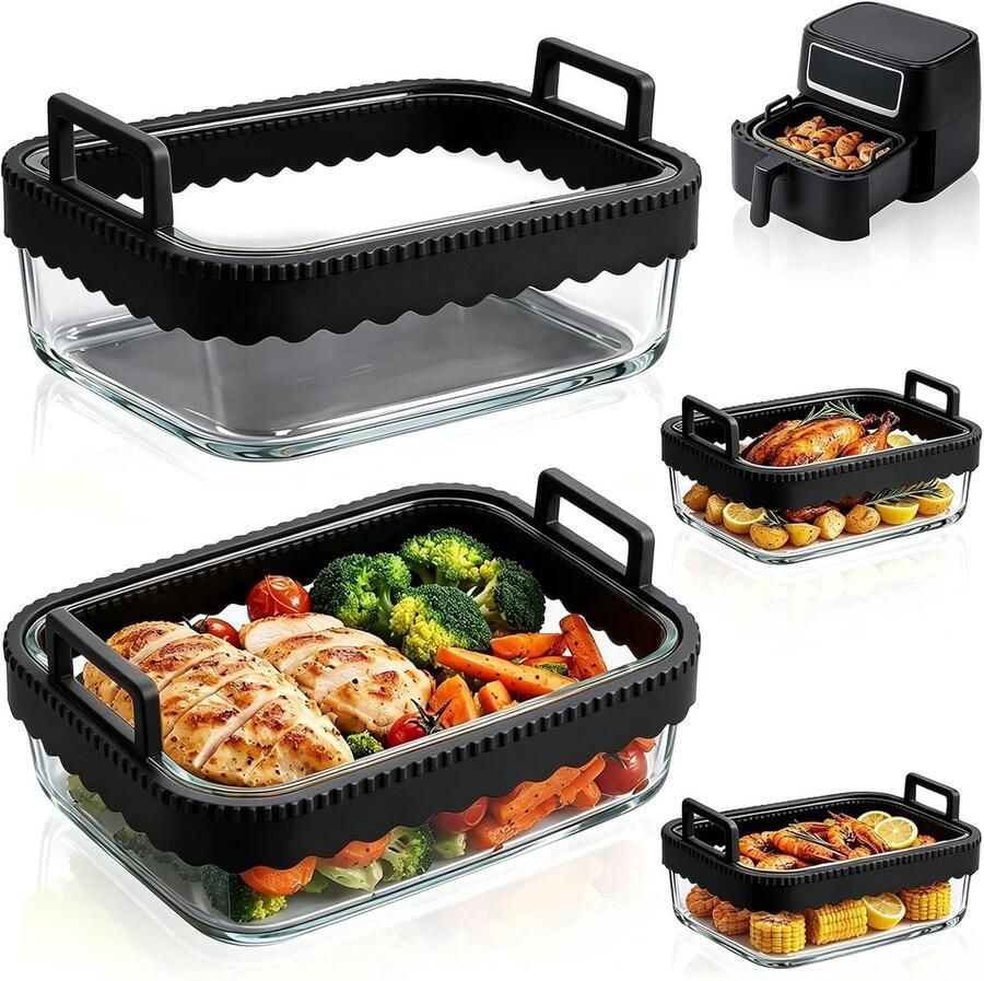 SnelShoppen 2 stuks Ovenvormen Airfryer Glazen Ovenschalen met Siliconen Handgrepen Hittebestendig en Krasbestendig Voor Heteluchtfriteuse I