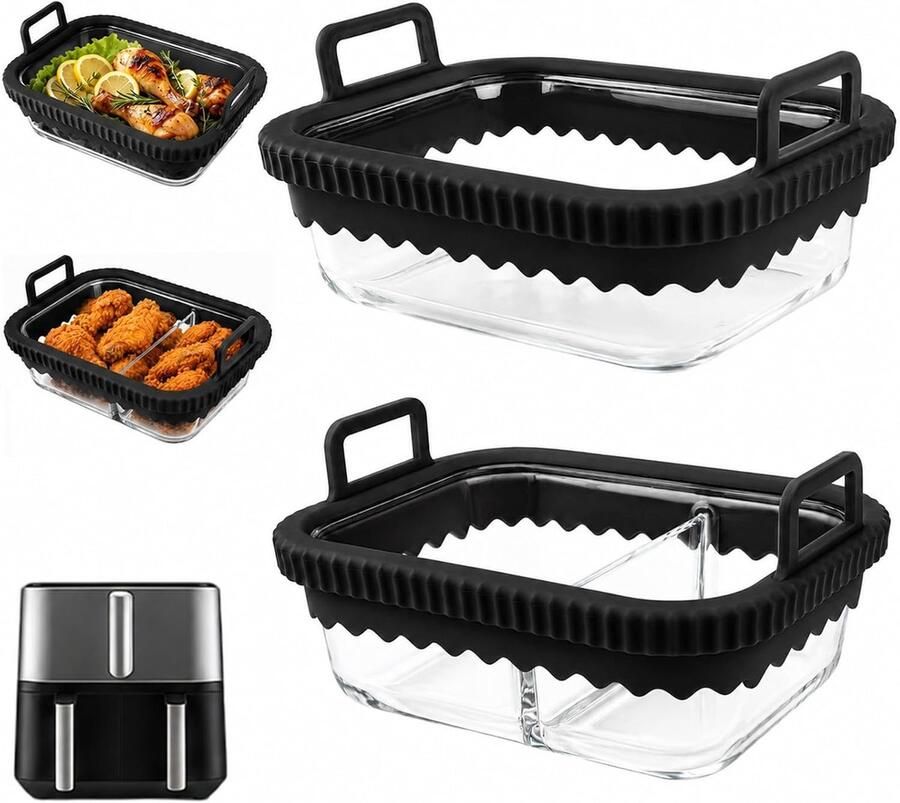 SnelShoppen 2 Stuks Ovenvormen voor Airfryer Glazen Ovenschalen met Siliconen Handgrepen BPA-vrij Perfecte Pasvorm voor Ninja en Cosori Zwart 2