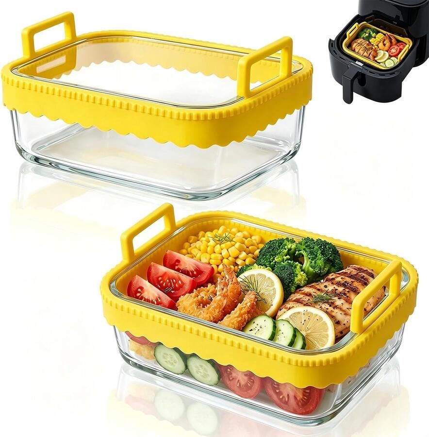 SnelShoppen 2 stuks ovenvormen voor Airfryer hittebestendig borosilicaatglas BPA-vrij met afneembare siliconen handgrepen ideaal voor het bereid