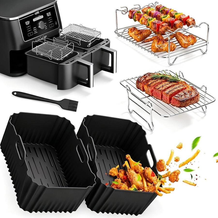 SnelShoppen 2 Stuks Roestvrij Stalen Grillrooster voor Heteluchtfriteuse Stapelbaar met 4 Spiesen Airfryer Accessoires voor Keuken Perfect Compat