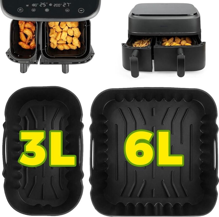 SnelShoppen 2 Stuks Siliconen Bakvormen voor Heteluchtfriteuse Accessoires Geschikt voor Philips Dual Basket Airfryer 3000 Serie NA350 6L 3L & 500