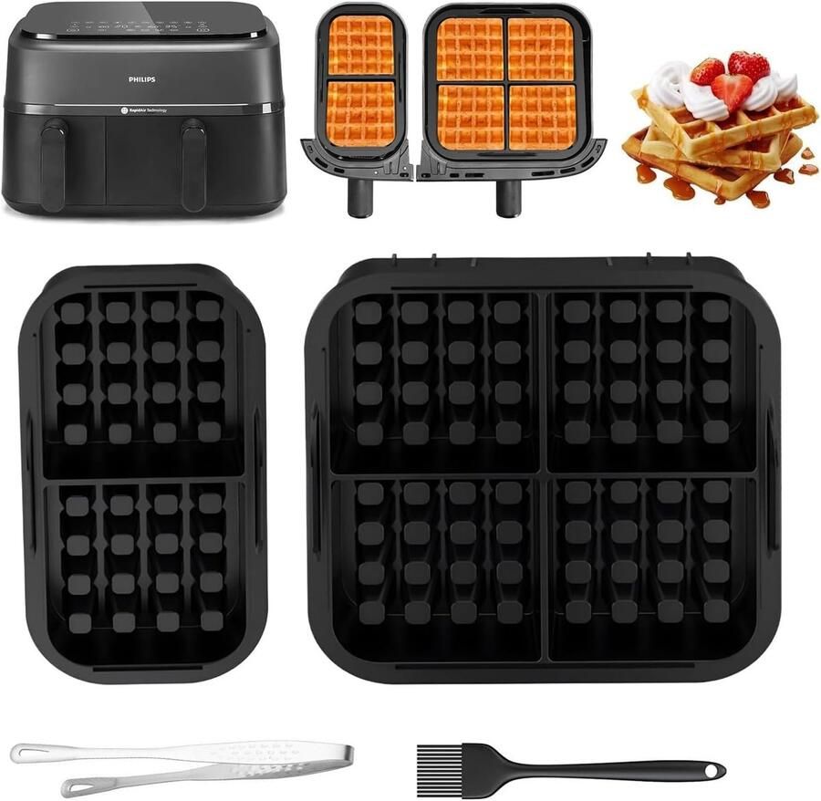 SnelShoppen 2 stuks siliconen wafelvorm voor Airfryer wafelinzetstuk voor Dual Basket 3000-serie BPA-vrij inclusief borstel en clip geschikt voo
