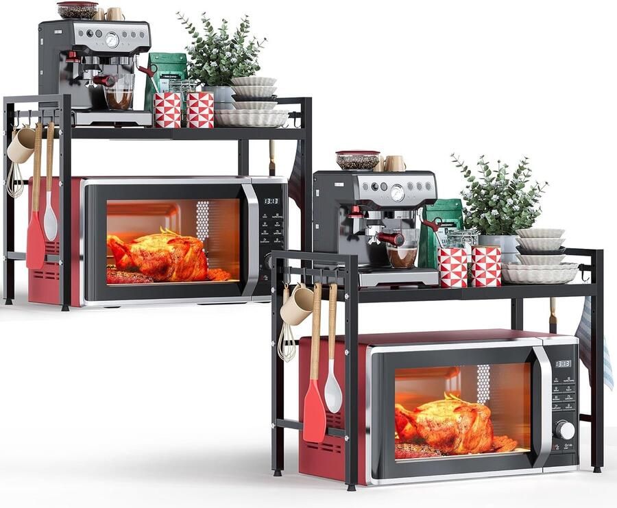 SnelShoppen 2 Stuks Uitschuifbare Magnetron Rek 2 Niveaus Rek Boven Magnetron Keuken Rek Staande voor Oven Koffiezetter Magnetron Stand met 8 Hak