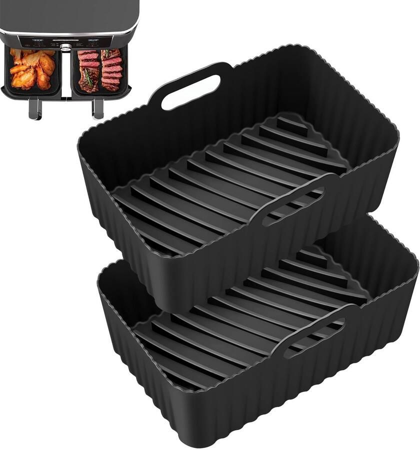 SnelShoppen 2 stuks Verbeterde Zwarte Siliconen Airfryer Bakvormen Herbruikbare Vierkante & Rechthoekige Bakplaten Perfecte Airfryer Accessoires