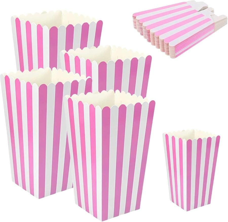 SnelShoppen 20 Stuks Popcorn Dozen Roze en Witte Papieren Popcorn Bakjes voor Feest Verjaardag Bioscoop Avond Snack Tray Baby Shower