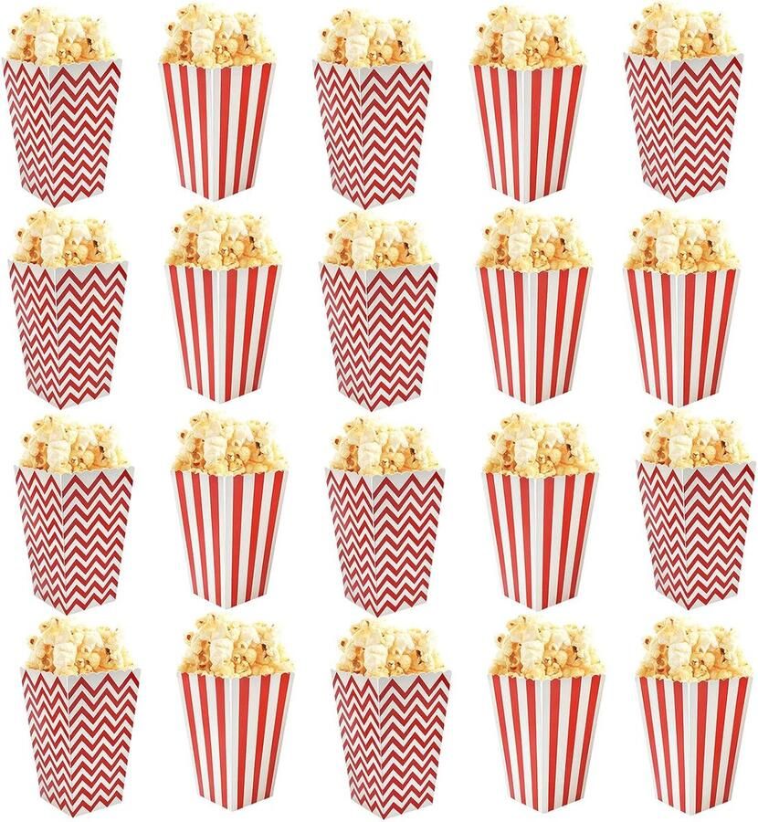 SnelShoppen 20 Stuks Rode en Witte Popcorn Dozen Papieren Popcorn Bakken voor Feesten Verjaardagen Filmavonden Strepen en Golven 7 x 5 x 11.5
