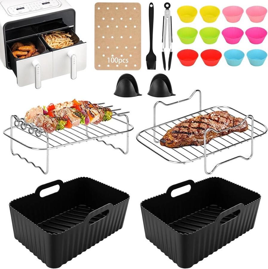 SnelShoppen 21-delige Accessoireset voor Heteluchtfriteuse Compleet met Bakplaten Grillrekken Muffinvorm en meer voor Dual Airfryer 7.6L-9L Gesc