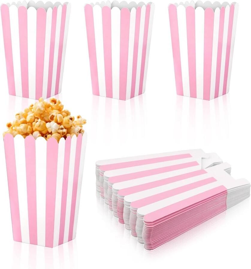 SnelShoppen 24 Stuks Roze Popcorn Dozen Kleine Popcorn Bakjes voor Feesten Roze en Witte Gestreepte Popcorn Dozen voor Verjaardagsfeesten en Verjaa