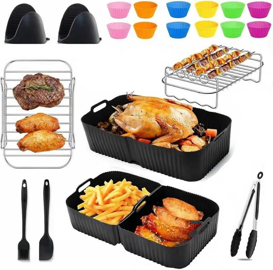 SnelShoppen 26-delige Herbruikbare Siliconen Bakvorm Set voor Air Fryer Perfecte Maat voor Ninja Foodi FlexDrawer 10.4L Cosori 10L Bakaccessoires