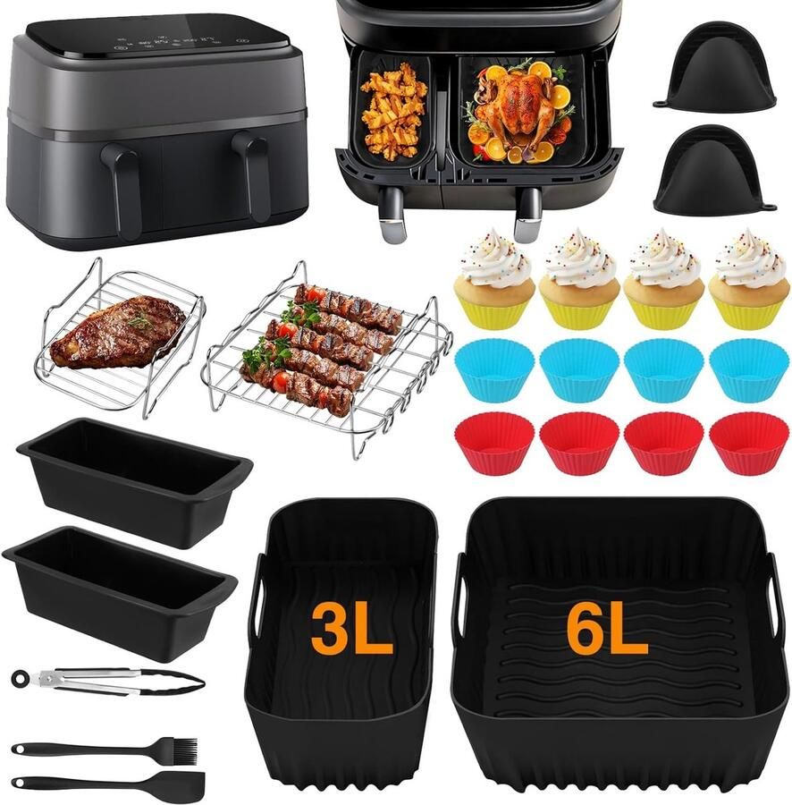 SnelShoppen 28 stuks Airfryer-accessoires set voor heteluchtfriteuse siliconen vormen grillrooster bakvorm geschikt voor Philips Dual Basket Ai