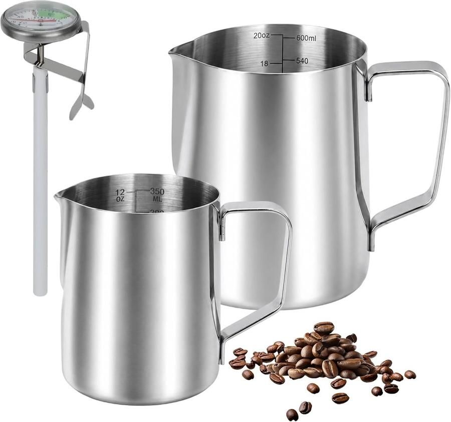 SnelShoppen 2pcs Melkopschuimer Set 600ml & 350ml Roestvrijstalen Melkjug Barista Tools met Digitale Thermometer voor Perfecte Melkschuim Koffie
