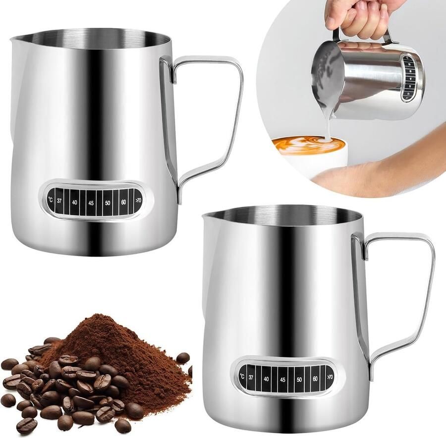 SnelShoppen 2pcs RVS Melkopschuimer Pitcher met Ingebouwde Thermometer Barista Tools voor Perfecte Melkschuim Koffie Accessoires 600ml Zilver