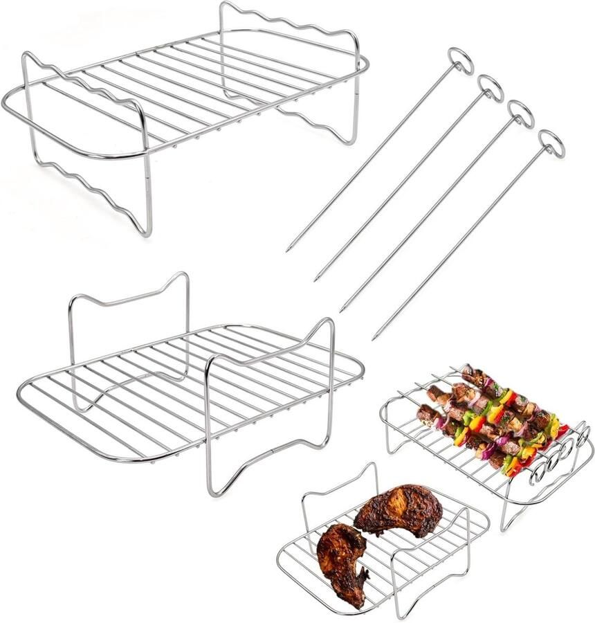 SnelShoppen 2x Heteluchtfriteuse Rek voor Airfryer met Grillrooster en Kebabspiesjes Geschikt voor Dual Zone Airfryer 7 6L 9 5L Accessoires vo