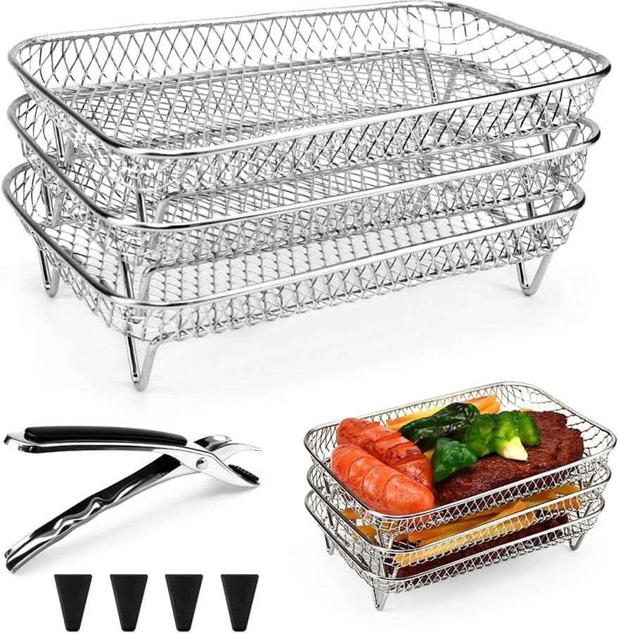 SnelShoppen 3-delige Rvs Airfryer Racks Set Stapelbare Airfryer Racks Grill Rooster Accessoires Perfect voor Keuken BBQ en Meer