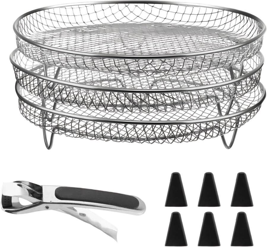 SnelShoppen 3-delige Set Stapelbare Rieten voor Airfryer 304 RVS Inclusief Siliconen Voetjes en Brandbeveiligingsclip