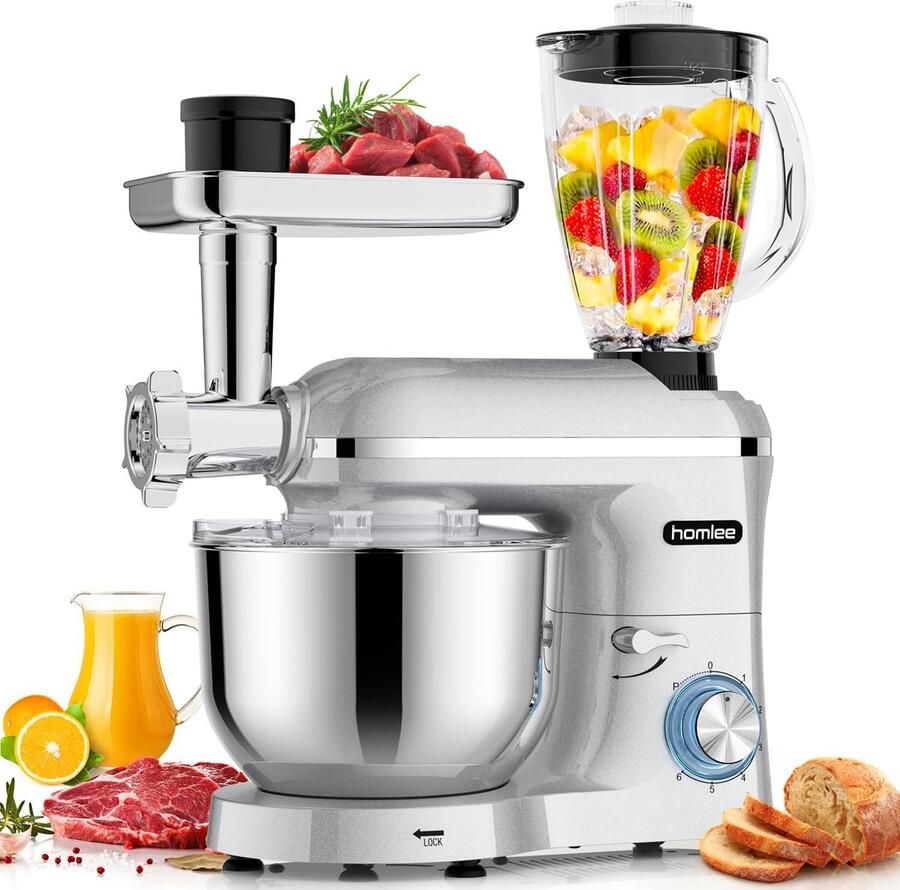 SnelShoppen 3-in-1 Multifuntionele Keukenmachine 1800W met 5.5L Roestvrijstalen Kom 1.5L Vleesmaler en Juicer 6-Snelheden Mixmachine voor Koken en