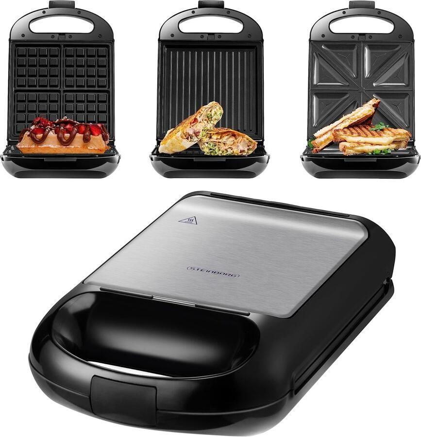SnelShoppen 3-in-1 Sandwichmaker XXL met 3 Verwisselbare Platen 1200 Watt Contactgrill Multigrill Wafelijzer in Zilver Zwart voor Keuken Feest e