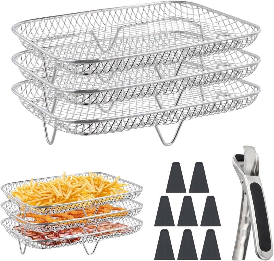 SnelShoppen 3 Laags Roestvrijstalen Kookrooster voor Friteuse Stapelbaar Grillrooster voor Airfryer Ideaal voor Friet Vlees en Groenten Verho