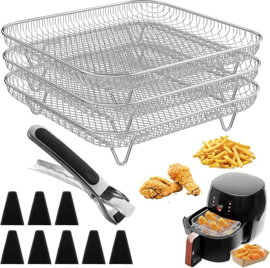 SnelShoppen 3 RVS Airfryer Baskets 20cm met Silicone Voeten en Tang Stapelbare Kookaccessoires voor Vierkante Heißluftfritteuses Thuisgebruik