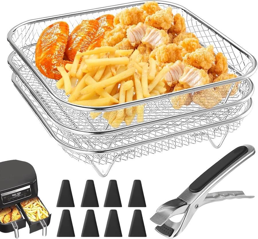 3 stuks roosters voor heteluchtfriteuse: 304 roestvrijstalen roosters met 8 siliconenvoetjes Frytter roestvrijstalen manden voor airfryer Stapelbare manden voor airfryer rek voor heteluchtfriteuse