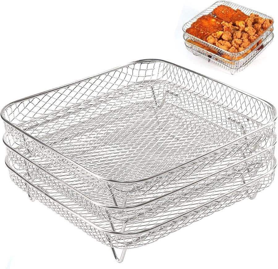 SnelShoppen 3 Stuks Airfryer Mandjes RVS 304 Stapelbare Droogrekken voor Airfryer Grill en Oven Duurzaam en Roestvrij Keuken Accessoires