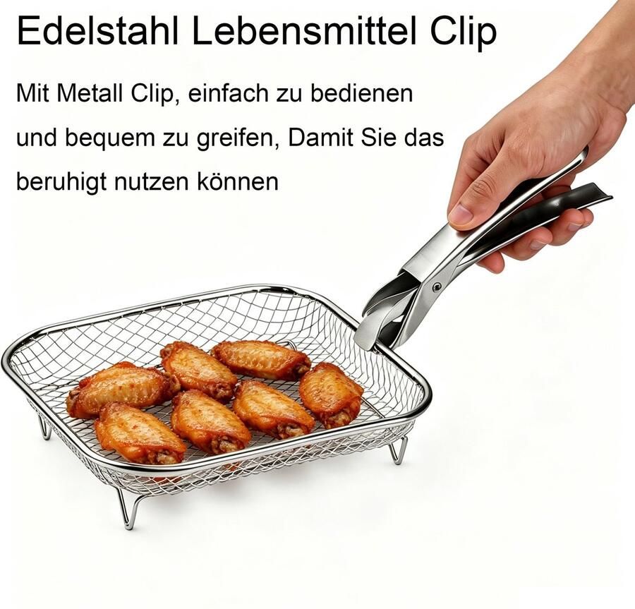 SnelShoppen 3 Stuks Stapelbare Manden voor Airfryer Roestvrij Staal Ø 20 cm Inclusief Siliconen Voetjes en Anti-Verbrandingsclips Ideaal voo