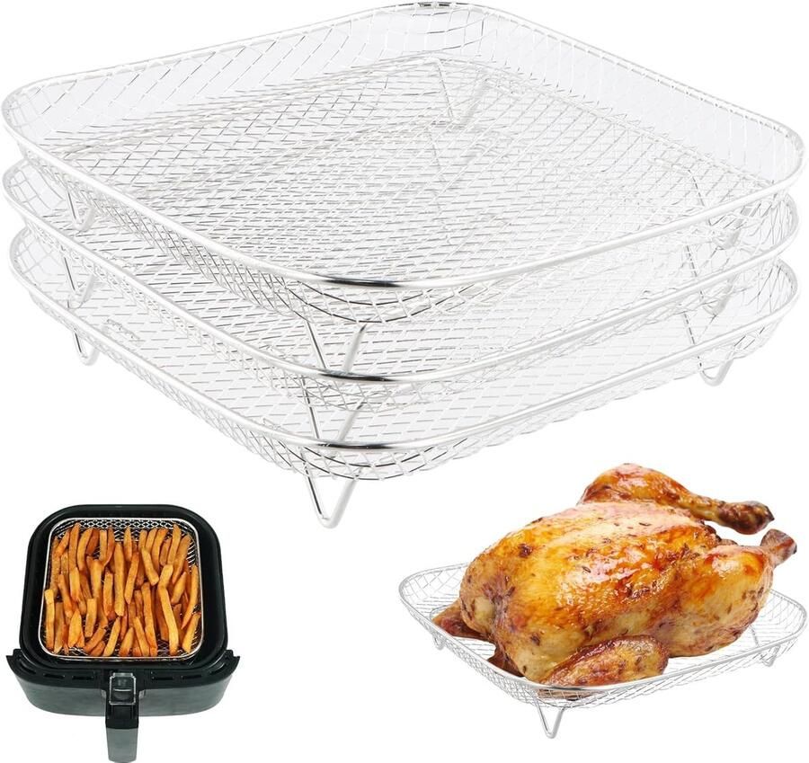 SnelShoppen 3 Stuks Vierkante Airfryer Racks 304 RVS Airfryer Grill Rack Stapelbare Accessoires voor Koken Bakken en Drogen in de Keuken