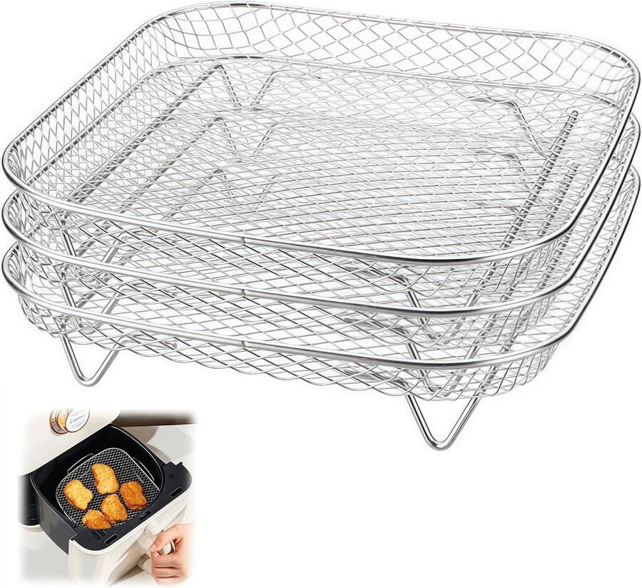 SnelShoppen 3 vierkante air fryer rekken 21 x 21 x 4 cm multifunctionele grillroosters van roestvrij staal voor extra kookruimte eenvoudig schoon