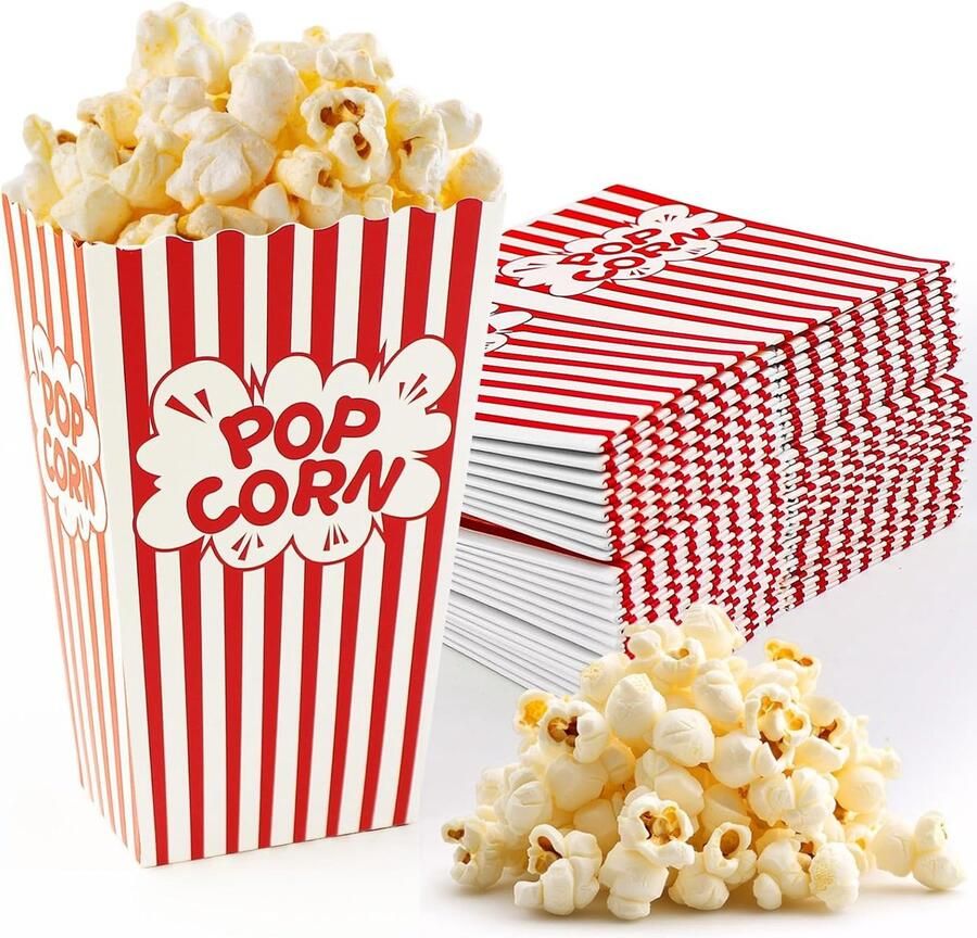 SnelShoppen 32 Stuks Popcorn Dozen Papier Rood & Wit Gestreepte Popcornzakjes Klein voor Feest Filmavond Kinderverjaardag Feestsnacks (7x5x11.5