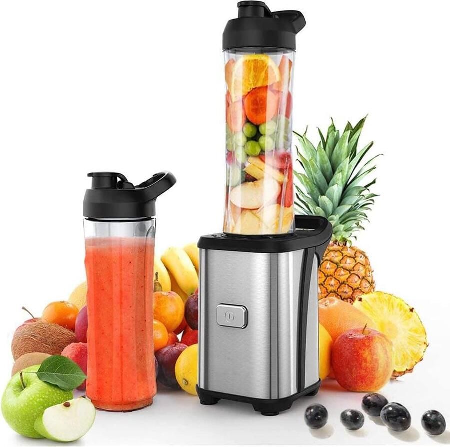 SnelShoppen 350W Mini Smoothie Maker Blender met 2x 600ML BPA-vrije Tritan Flessen Roestvrijstalen Portable Stand Mixer voor Shake Smoothie en