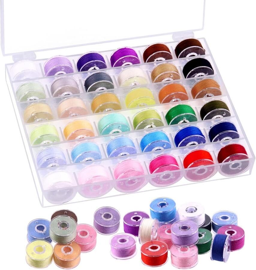 SnelShoppen 36 Stuks Polyester Voorgewonden Spoelen Naai Kit met Spoelbox Kleurige Draad Spoelen voor Broodmachine Babylock Janome Elna Singer