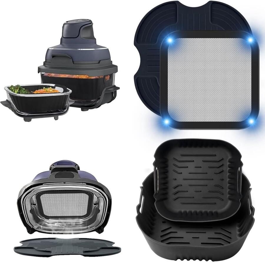 SnelShoppen 4 Delen Accessoires voor Air Fryer 2 Siliconen Mallen + RVS Spatdeksel + Siliconen Onderzetter voor Ninja Air Fryer FN101EU (Donkerblau