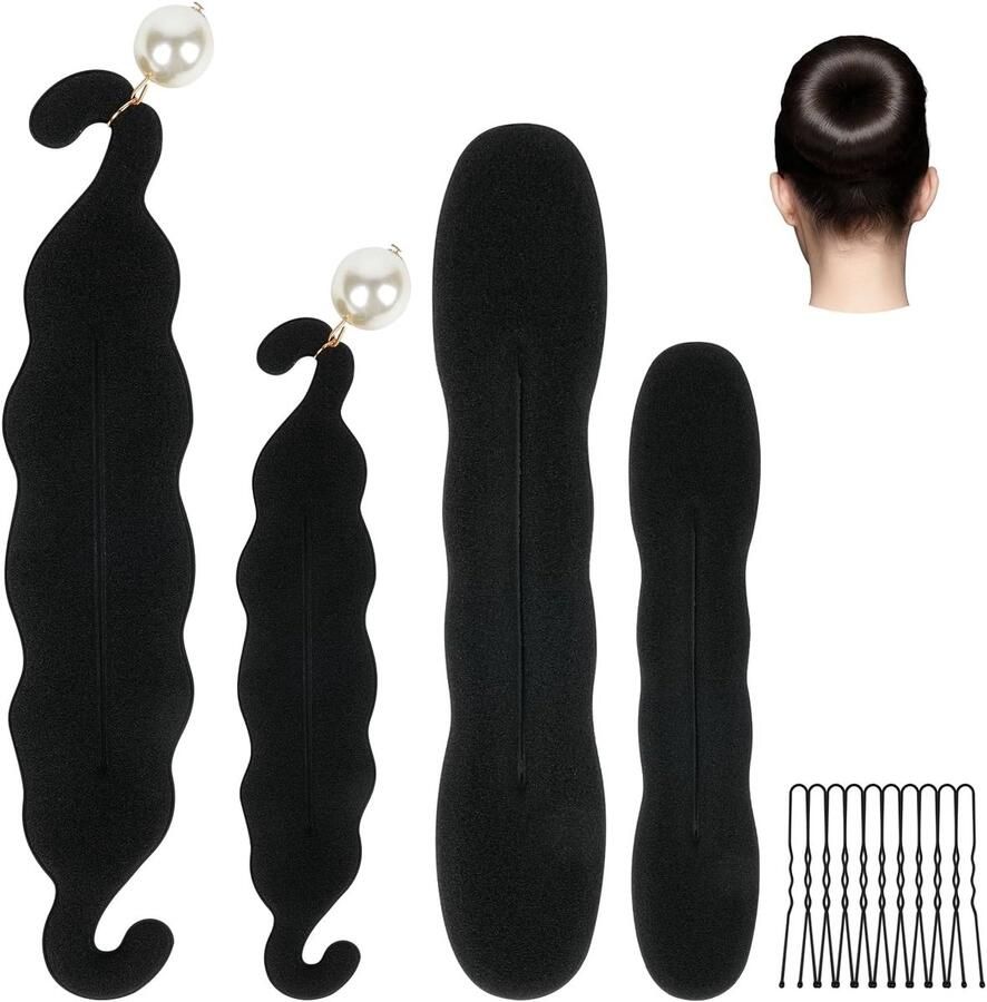 SnelShoppen 4-Delige Dutt Maker Set voor Haarstijlen Franse Dutt Eenvoudige Donut Styling Foam Spons Dutt Maker voor DIY Haarstijlen Zwart