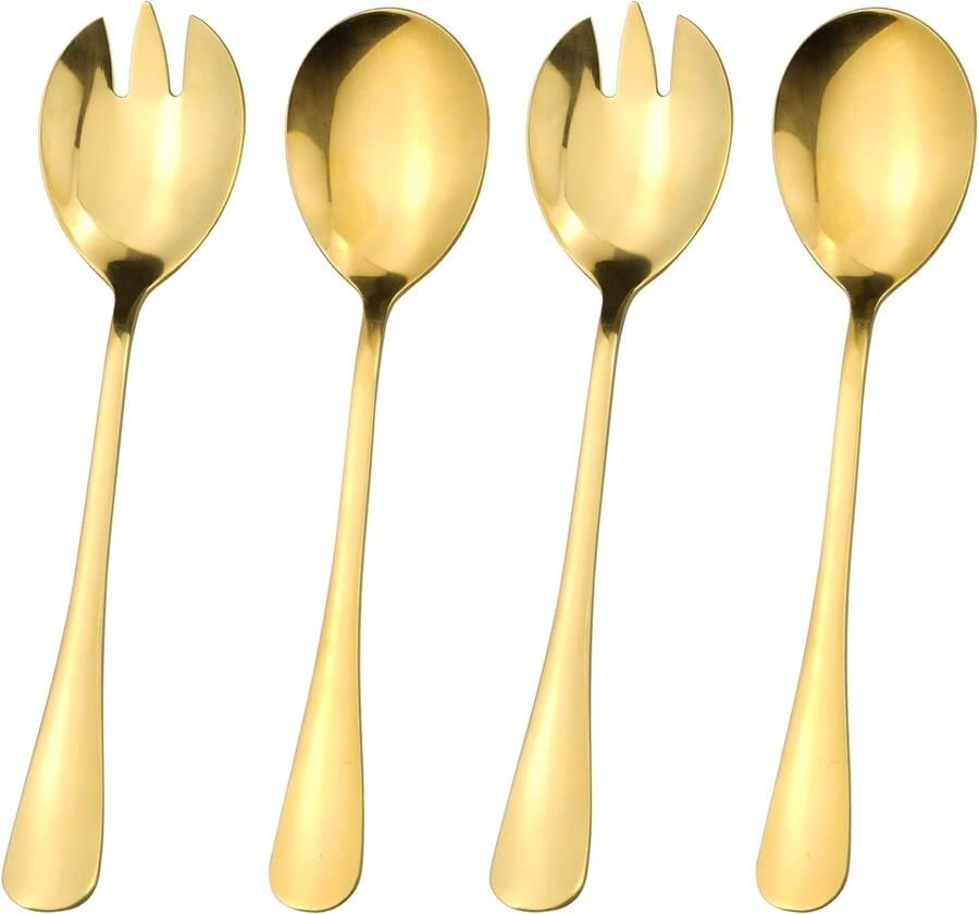 SnelShoppen 4-delige Saladeset met Saladeschep en Saladevork Grote Serveerlepels voor Fruit Spiegelschoon Goud 19.8cm Perfect voor Feesten Pic