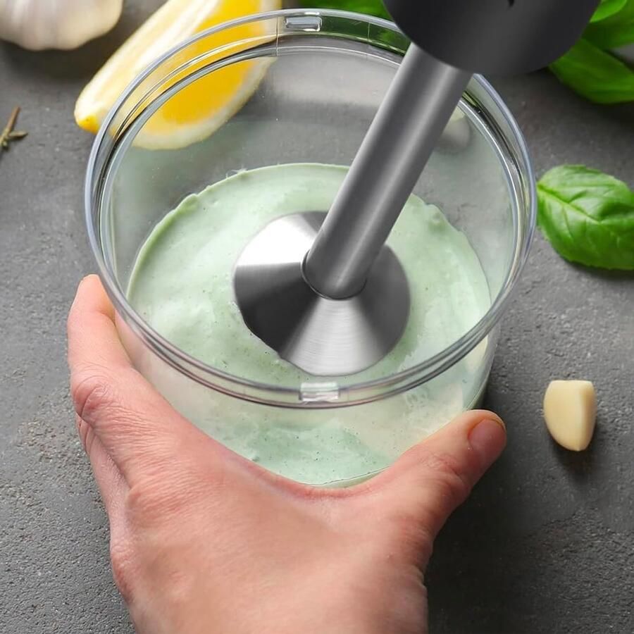 SnelShoppen 4-in-1 Hand Blender met Spatbescherming Multifunctionele Staafmixer met 20 Snelheden Roestvrijstalen Messen Grijs 23 x 24 x 28 cm