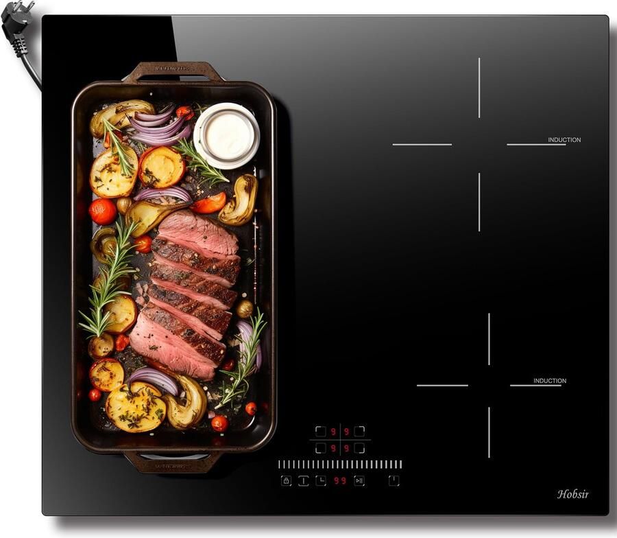 SnelShoppen 4-pits inductiekookplaat met stekker 60cm 3500W Flex Zone kinderslot Touch Slide bediening voor keuken koken en bakken