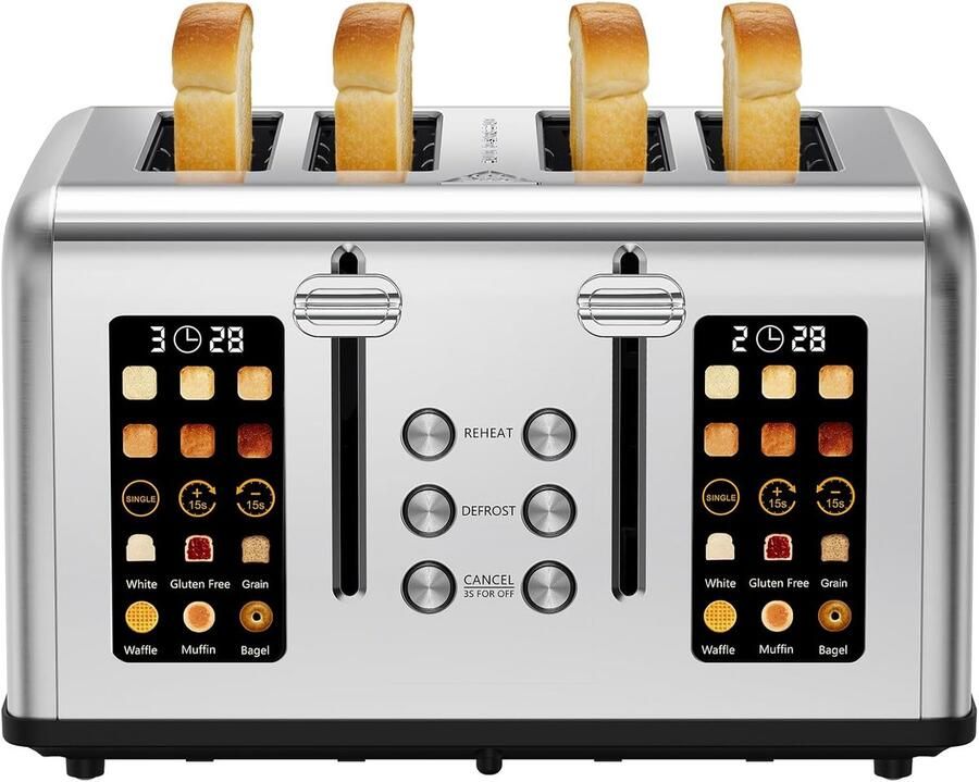 SnelShoppen 4-slice toaster met LED touch screen roestvrij staal lange sleuf 2 onafhankelijke temperatuurzones 6 bruiningsniveaus en 6 broodgele