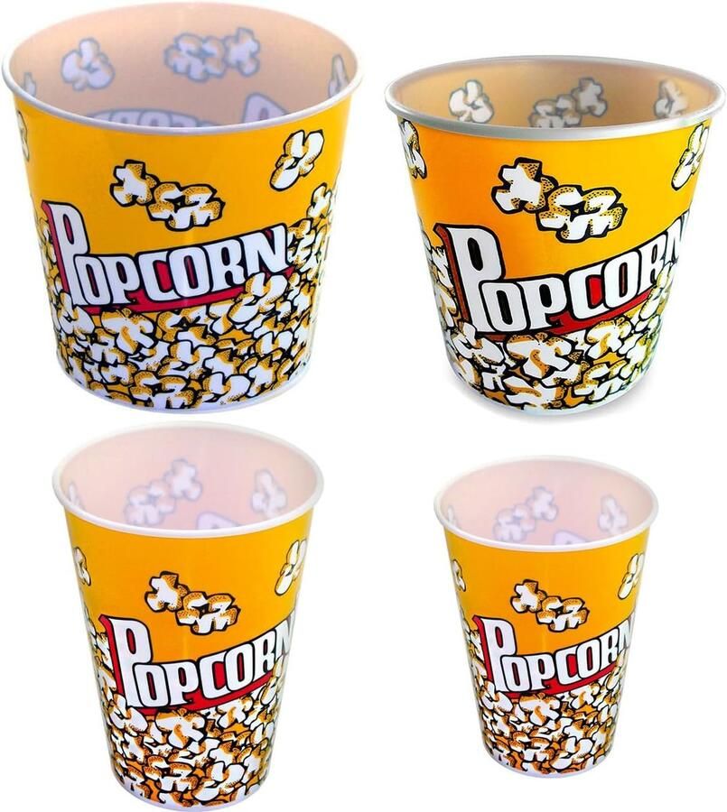 SnelShoppen 4 x Popcorn Buckets Set: XXL XL L M Maten Duurzaam PVC Retro Ontwerp Popcorn Emmers voor Thuisbioscoop & Evenementen