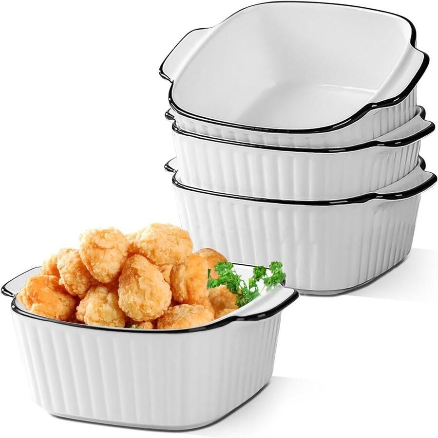 SnelShoppen 400ml Ceramische Bakvorm Set van 4 Stuks 14.5 x 11.5 x 5.5 cm Vierkante Bakschalen Kleine Bakvorm voor Airfryer Oven Magnetron met H