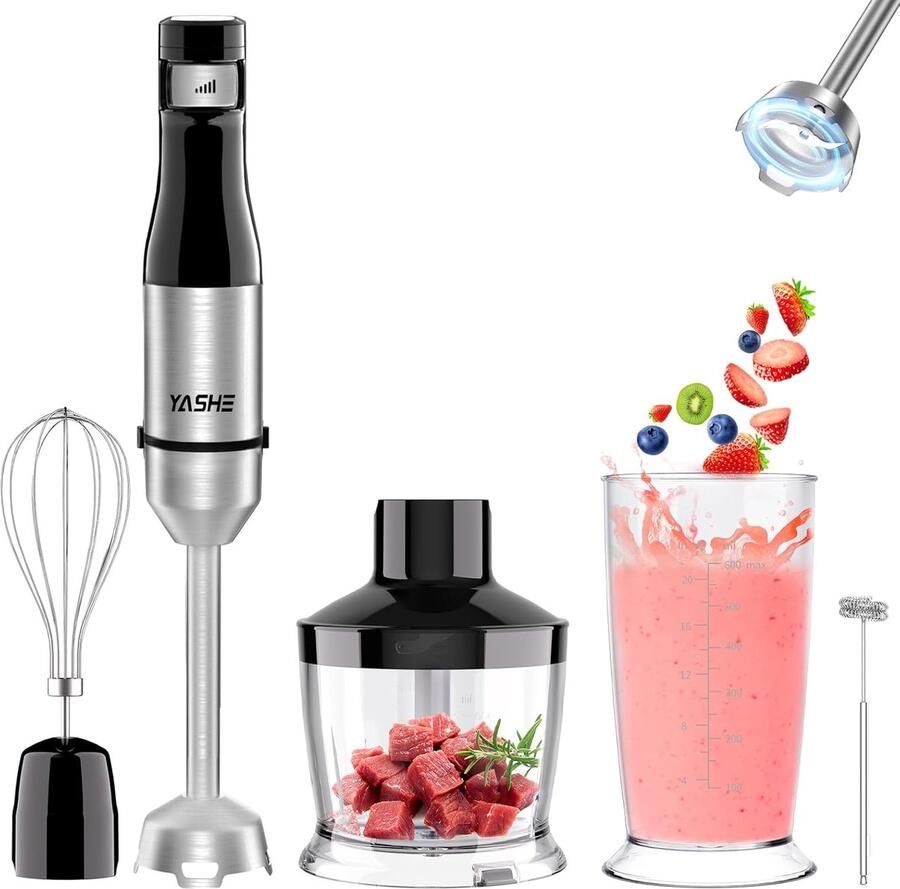 SnelShoppen 5-in-1 Elektrische Staafmixer 1000W Roestvrij Staal Traploze Snelheden Staafmixerset met 500ml Hakselaar 600ml Maatbeker Garde en M