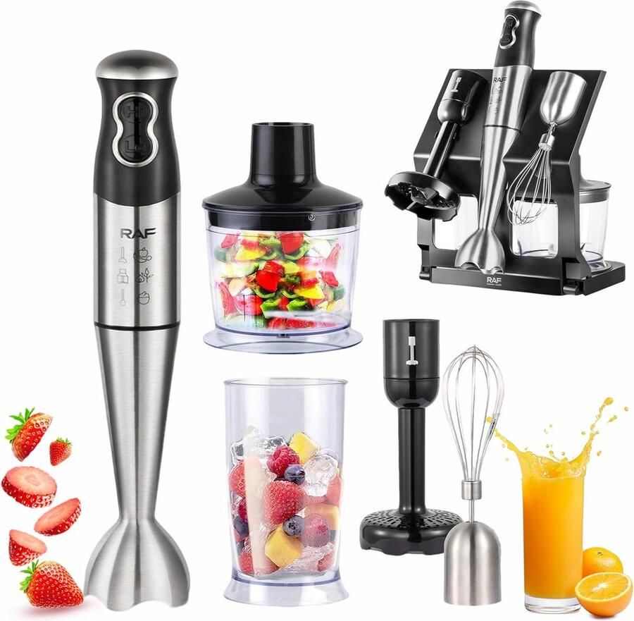 SnelShoppen Hand Blender 5-in-1 Set Elektrische Staafmixer met Pureerstaaf Klopper 600ml Hakker 700ml Maatbeker Twee Snelheden Keukenaccessoi