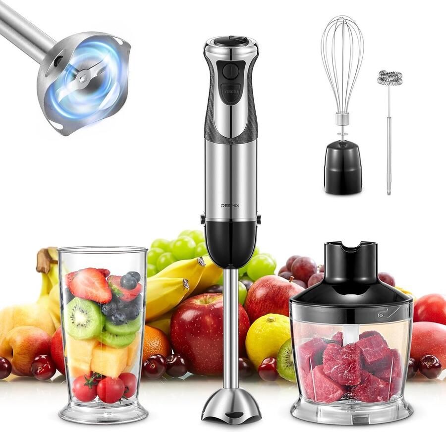 SnelShoppen 5-in-1 Staafmixer Roestvrij Staal 1000 W met 12 Snelheden en Turbo-modi Inclusief Garde Melkopschuimer 500 ml Voedselhakker en 600 ml