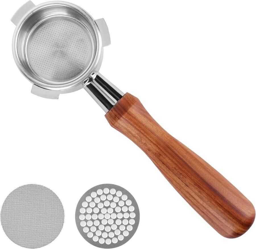 SnelShoppen 54mm Bottomless Portafilter met 2-Puck Zeef voor Breville Barista Geschikt voor 54mm Espresso Machines Houten Handvat Koffie Extract